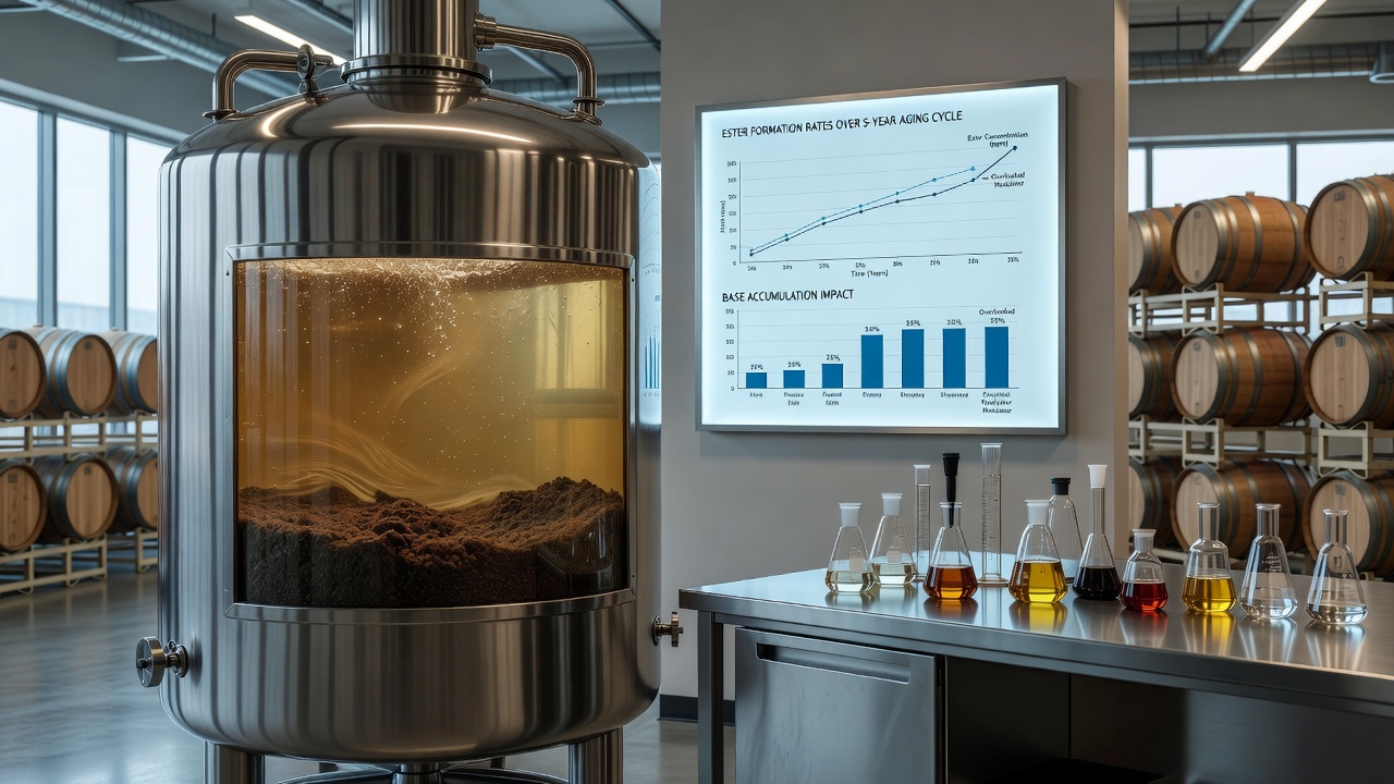 Base Accumulations in Fermentation Vessels Modulate Ester Formation in Long-Term Spirit Maturation