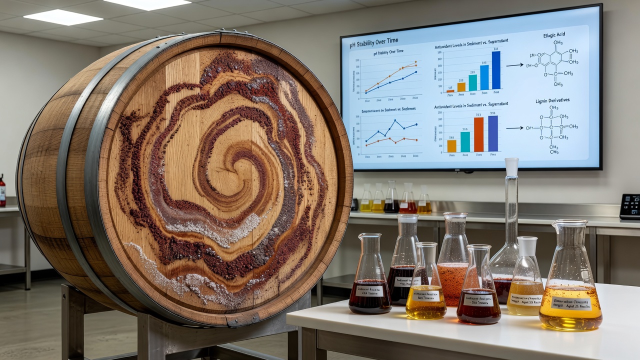 Microscopic image of oak wood pores with attached sediment particles illustrating tannin-lees interactions
